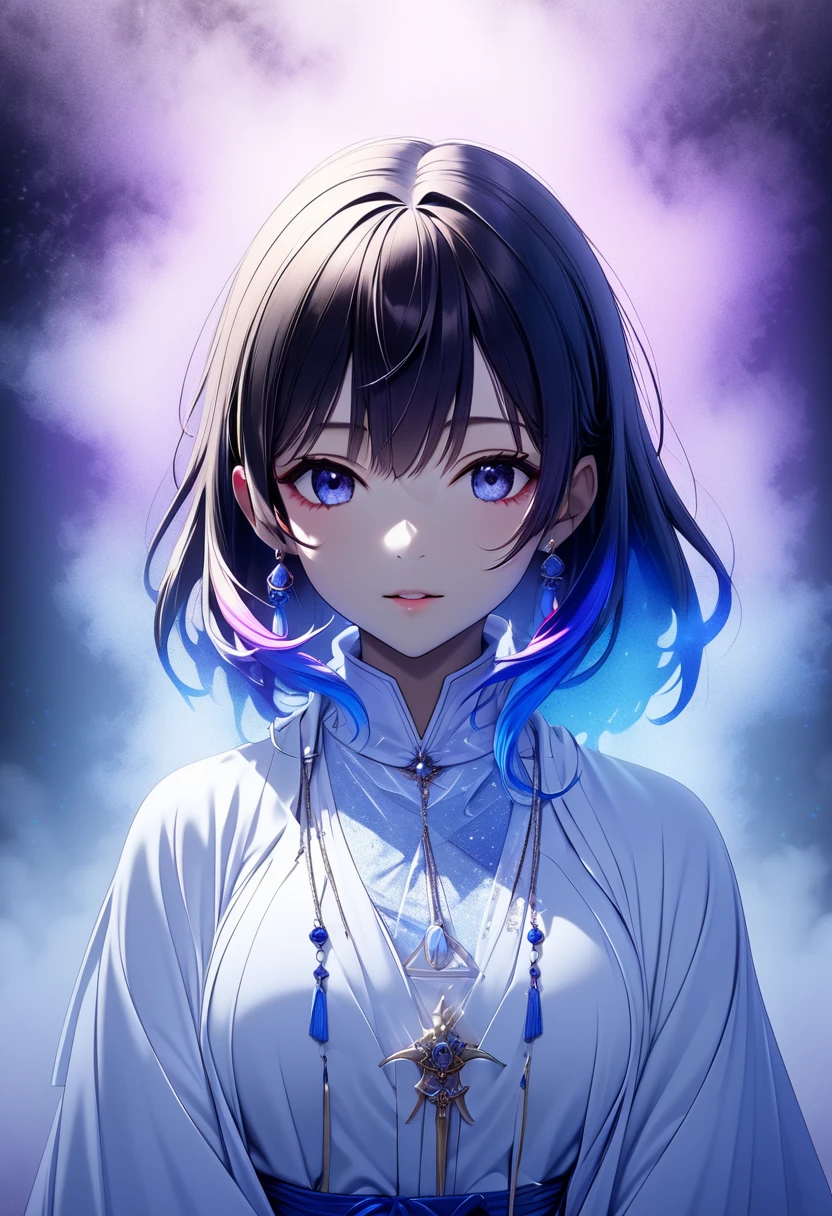 The magician dressed in a white robe･ women with dark hair "Haruna", ((background:Mysterious fog  , blue, Neon Dust,  Shading Effects ,  gradient magic effect , Fog filter effect , Glitter Effect,  Graphic CG Digital Art )) ,