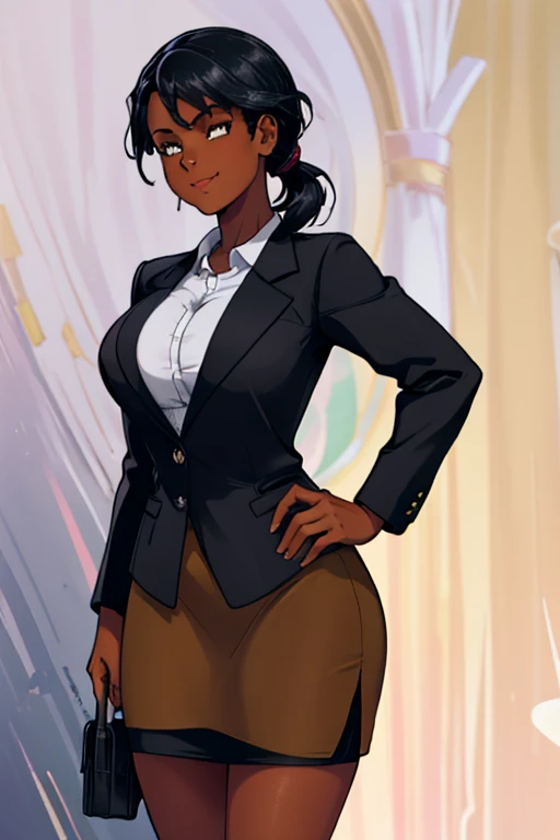 female, black hair in a pony tail, hazel eyes, dark skin, (((1girl))), (((tan blazer))), (black dress shirt), (green pencil skirt), (tan heels), cute and sexy, full body, big breasts, long legs, smiling