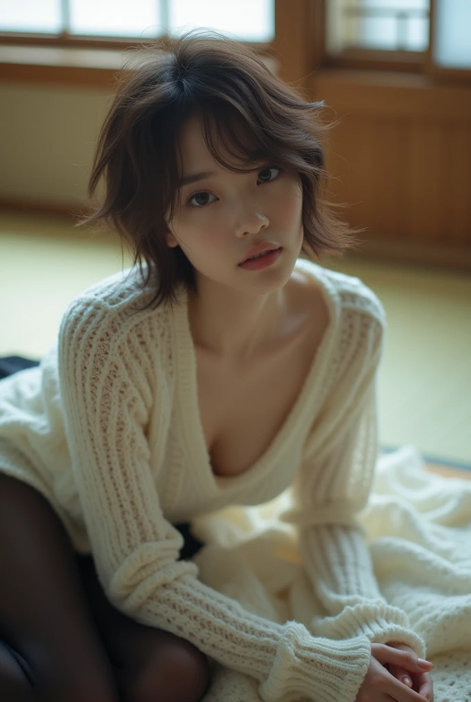 (((best image quality、highest quality、At 32K、ticker、Raw photo 1.2、very clear image、very clear image quality、realistic 1.3、super photographic,highest quality、CG unity 32k wallpaper, highest quality, High resolution:1.2)))、Beautiful 20s shoulder length sweater,lace pantyhose, white top and bottom underwear, random color,long sweater,??????、??????、my pussy feels good、Raw photo with both close your eyes, cute face、body、Esbian、1 camisole、look up、plus size model、Feeling ???????、close your eyes、Deep sorrow、sad、Please look up at the sky、open your mouth、scream、 written boundary depth,real light,ray tracing,OC renderer,UE5 renderer,works of masters,correct anatomy、I feel very、ride a bike 1.4、Angle 1 from below.4、low angle 1.4