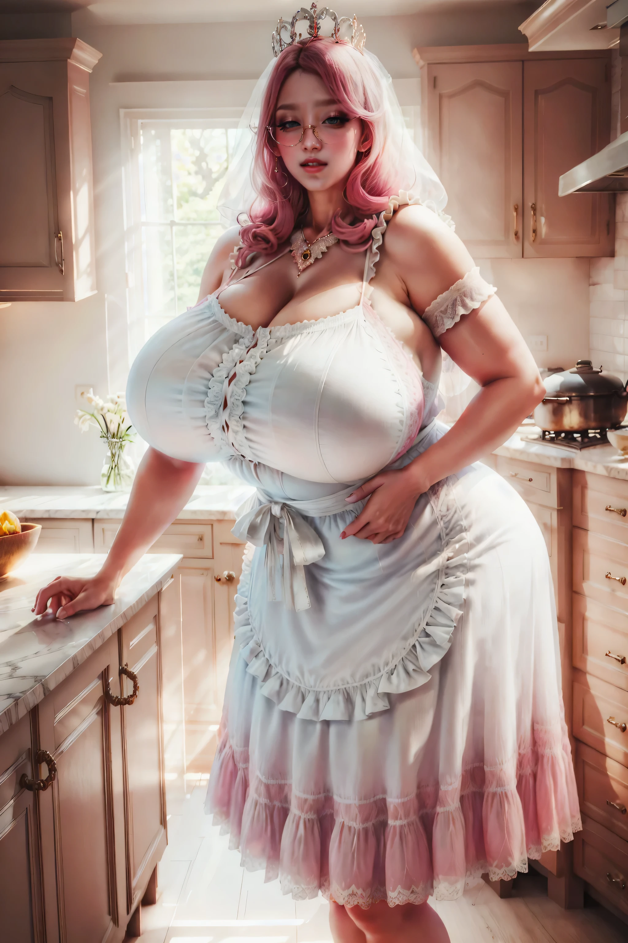 Middle-aged French maidian, tall and thick woman maid in kitchen, dropping oil on chest, coconut oil bottle,oilling chest,beautuful big bed, pov above,very tall and big woman,French faces, closed eyes,, beautiful diamond crown, realistic crown,Delicatemakeup，curvesious body tall and thick woman,Sexy and feminine，grin，Wrinkles at the corners of the eyes，with long coiled black long hair,loose skin，Large sagging breasts，Towering breasts，wet olily chest,Thin waist with wide hips,wearing A Pink dress with white trim, with a full skirt below knee length. White half-apron, usually with ruffle or lace. A ruffled or lace headpiece or a bonnet,transparent round glasses，Tall and tall，working in kitchen，Open chest covering posture, oilling chest with finger 