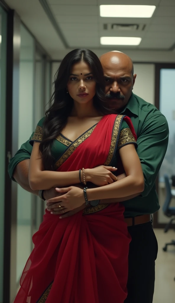 Create a realistic photograph of a smiling and beautiful indian actress in red satin carrying a large stout man on her shoulders in a room, man is sitting on top of her shoulders , man on top, woman standing at bottom , she is wearing black gloves 
