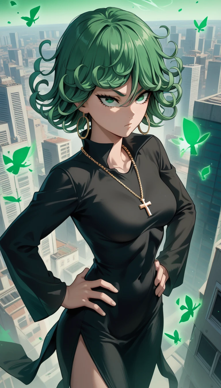 tatsumaki, short hair, green hair,curly hair,green eyes, very long hair,medium breast , black dress, long sleeves , earrings,hoop earrings,cross necklace,jewelry,poese.medium breasts, whole body 
High Resolution, Masterpiece, High Quality, Bangs, Hair Over One Eye, standing, hand on hip, green aura, fly, city, Flying over a ruined city, shot from above