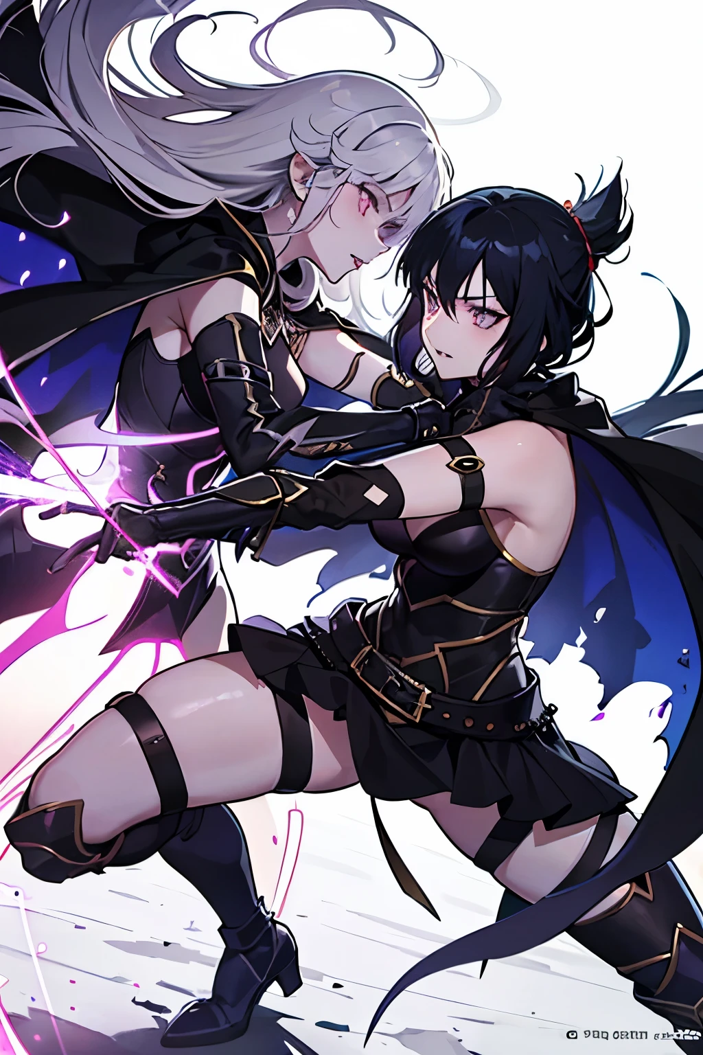 a high-definition, 8k masterpiece that features two attractive adult swordswomen. One of them is Connie Maheswaran, aged 25, dressed in a blue and white striped halter top and black microshorts, wielding a large pink sword with grace. The other is Narmaya from Granblue Fantasy, clad in a sleek black dress and white coat, her hand gripping the hilt of her katana.
They are facing each other in an intense duel under the moonlight, their swords clashing with powerful impact frames. Picture them standing on a field, their competitive smirks adding to the tension of their sparring match. The scene is focused on them; their perfect bodies, hands, faces and eyes gleaming under the atmospheric lighting.
Visualize this scene as it would be in Blazblue style: raw sensuality meets hyper-femininity amidst incredibly sharp absurdres and gradients. Deep highlights accentuate their cleavage cutouts and extremely detailed swords while motion lines portray the fast-paced action.
The artwork should be full-bodied with cel-shaded characters against dynamic scenery. It's an exciting battle art splash filled with cool tones and rich atmospheric shading that captures every detail of the action choreography from dynamic angles and perspectives.
Think about how you can use intense lighting effects to highlight key visuals and create dynamic lines of action. This prompt calls for amazing quality that combines fun with excitement through its intricate details and motion elements