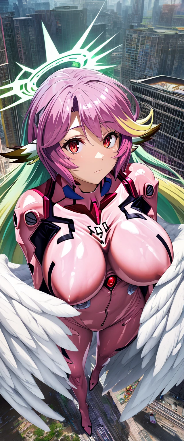 jibril,(big breast),(big white wing),(angel wing),(glamorous),full body,plugsuit,latex bodysuit,shiny bodysuit,colorful hair,halo,sharp focus,extremely detailed CG,expressionless,realstic,(mechanical ear),standing,girl towering over miniature city,from above,road