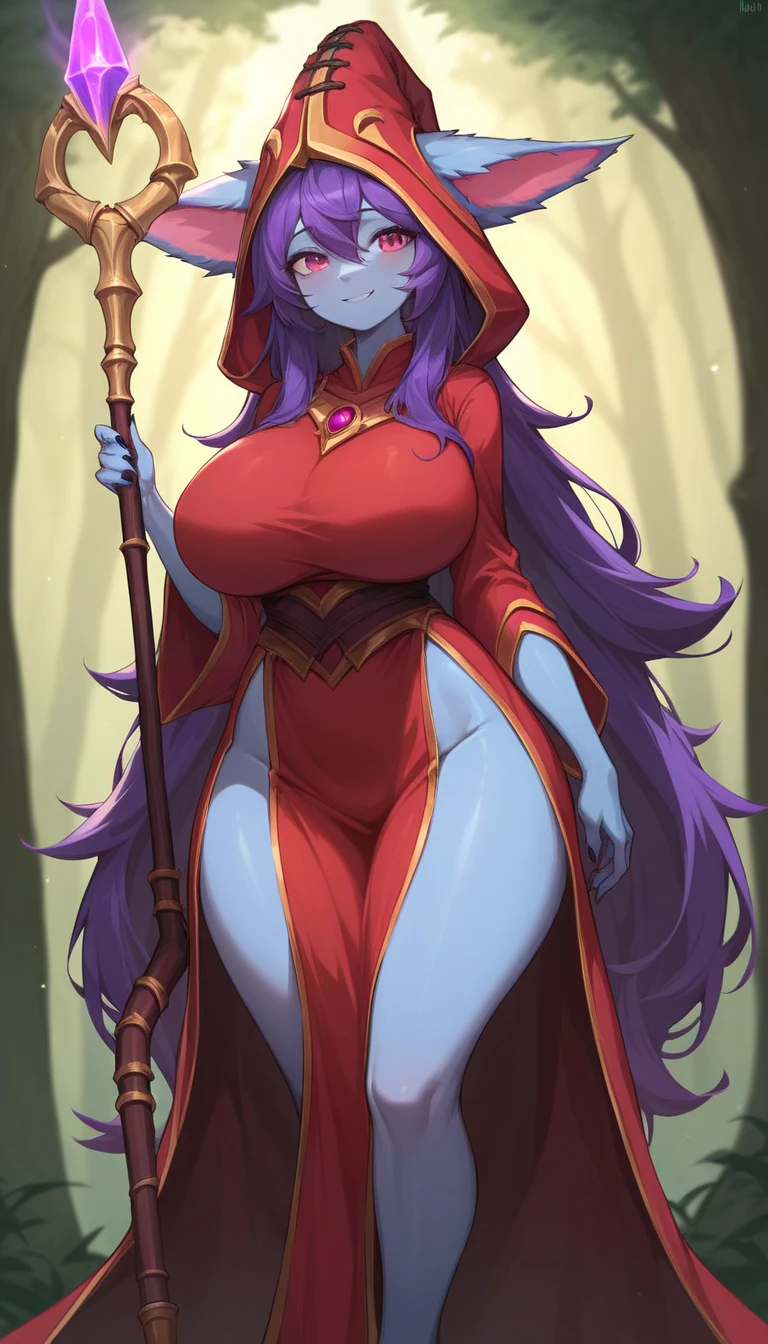 Lulu from League of Legends, Yordle, Pink-Bluish Skin, Purple Hair, Long Hair, Red Hat, Red Mage Robes, Robes Fully Covering Body, Holding a Staff, Forest Background, Huge Breasts, Wide Hips, Thin Waist, Solo, Smiling, Aerial View, (cartoon-style bold line work:1.2), vibrant colors, cel shading, Cooliehigh Art Style, looking at viewer, solo