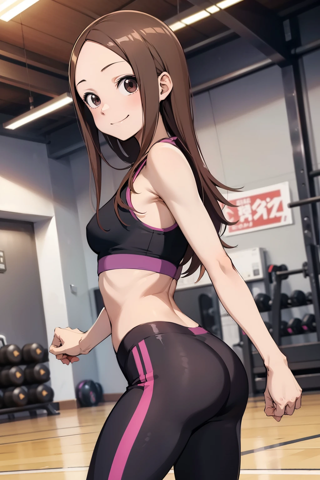 Takagi-san ,solo 1girl, smug smile, long hair, sport bra , gym ,purple leggings. Ass pose . Full body
