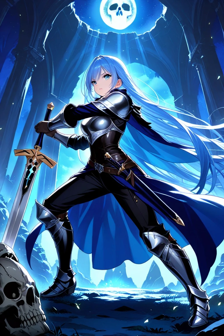 1girl,solo,beautiful detailed blue eyes,very long hair,brave and strong,long sleeve, battle pose, holding sword , Excalibur,skull moon in the background cinematic concept, dynamic lighting, (( knight )), cape, outdoor,masterpice,best quality, high detailed, very aesthetic,inside deep cave, cinematic lighting