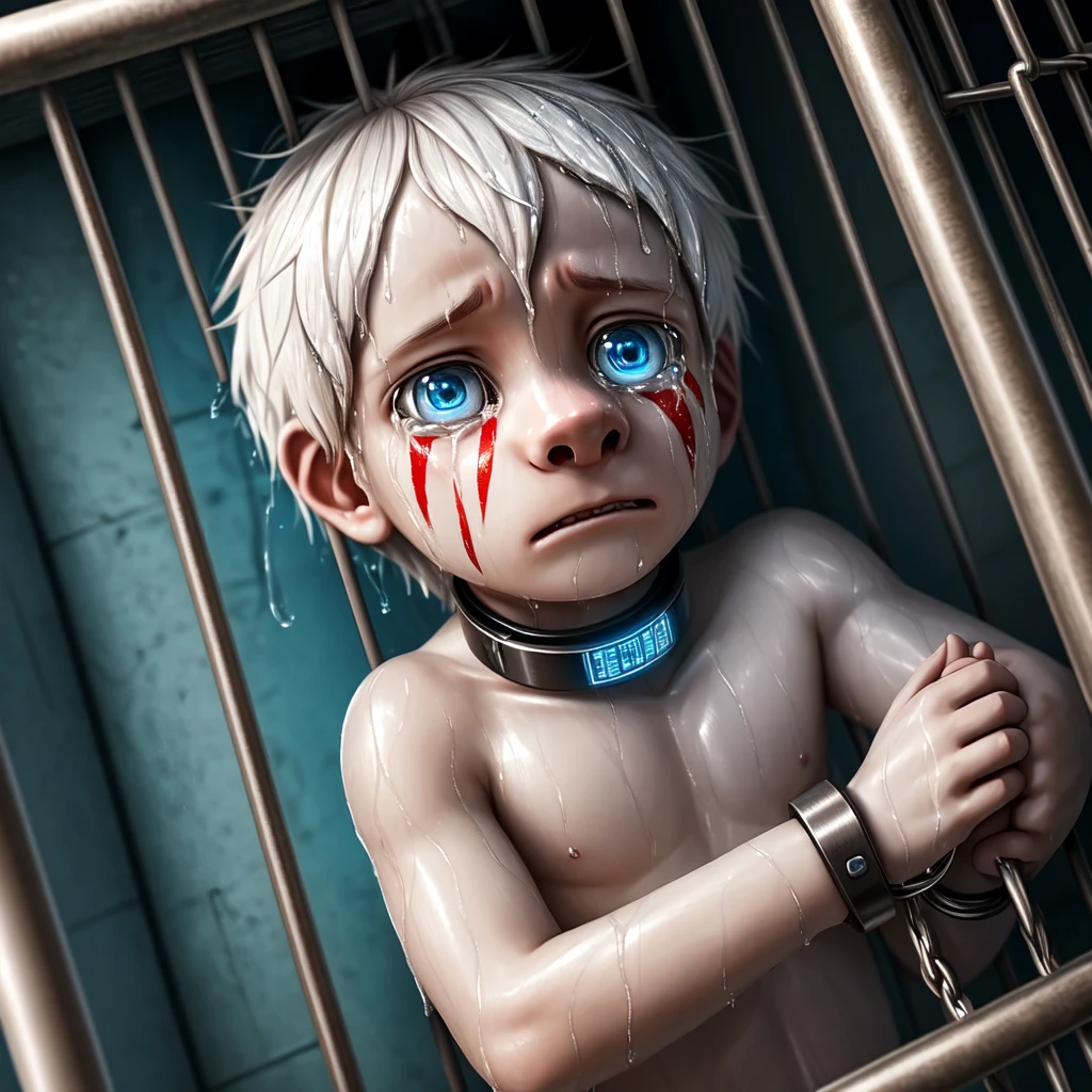 ( detailed crying ,  detailed face,  detailed background ,  detailed body ), (realistic,photorealistic,photo-realistic:1.37)
Ein kleiner cuteer Junge, very young, cute, , cuddly , slave, ( completely naked), ( iron cuffs on his wrists), ( iron shackles on the legs ), ( electric shock collar),  frightened face , Does a lot of , sea,  tears streaming , only a very small penis, Absurd,  hands tied above the head,  has a face paint , tortured, white skin ,  white hair,  blue eyes, In a laboratory, (Wet Skin), In the cage 