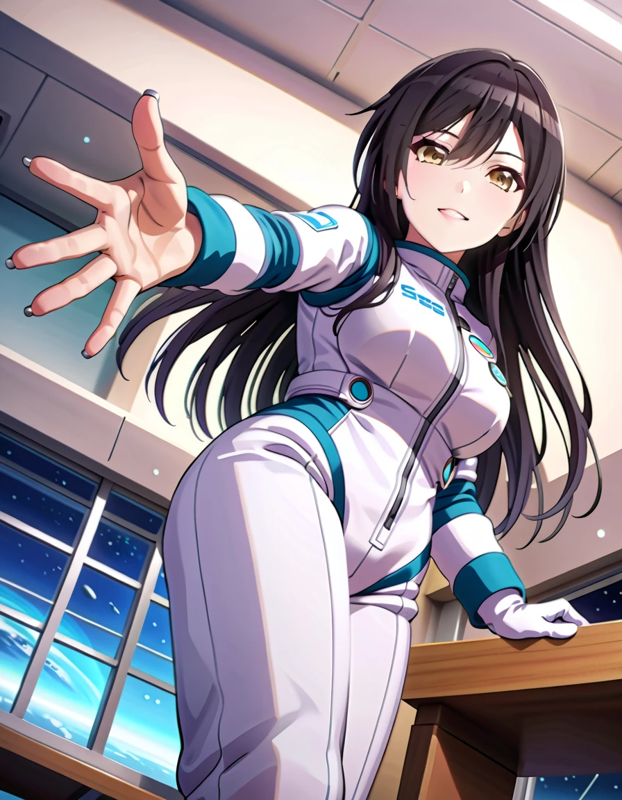 (spacesuit:1.15), white cargo pants, astronaut)bubble helmet, space helmet, white gloves , , looking close at you, classroom, standing, masterpiece, best quality, 1girl, beautiful,  image from below, solo, , shirase sakuya, srssky, black hair, straight hair, bangs, yellow eyes, large breasts, happy, waving, fullbody