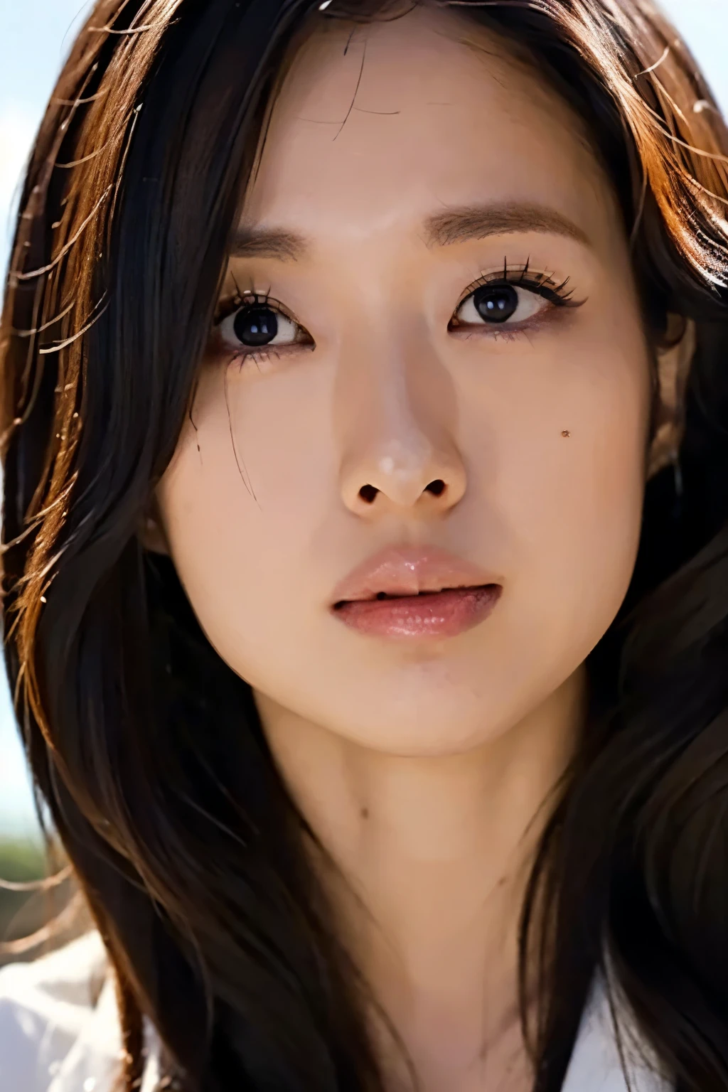 ((Top quality, 8k, masterpiece: 1.3)), Sharp focus: 1.2, Beautiful woman with perfect figure: 1.4, Slim abs: 1.2, ((Dark brown hair,: 1.2)), (Natural light, street: 1.1), Highly detailed face and skin texture, Fine eyes, Double eyelids, Thick lips, Lip gloss, Eye makeup,, Close-up portrait, Model body, Wearing business suit, Sharp focus, Perfect dynamic composition, Beautiful and fine eyes,