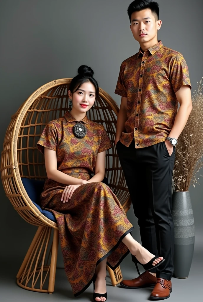 30 year old Indonesian man, wearing a batik shirt, sitting in a chair in the studio, with a 27 year old daughter, wearing a graduation gown, wearing the same batik shirt. Behind the curtains of a luxury studio. Realistic 3D image. HD16k