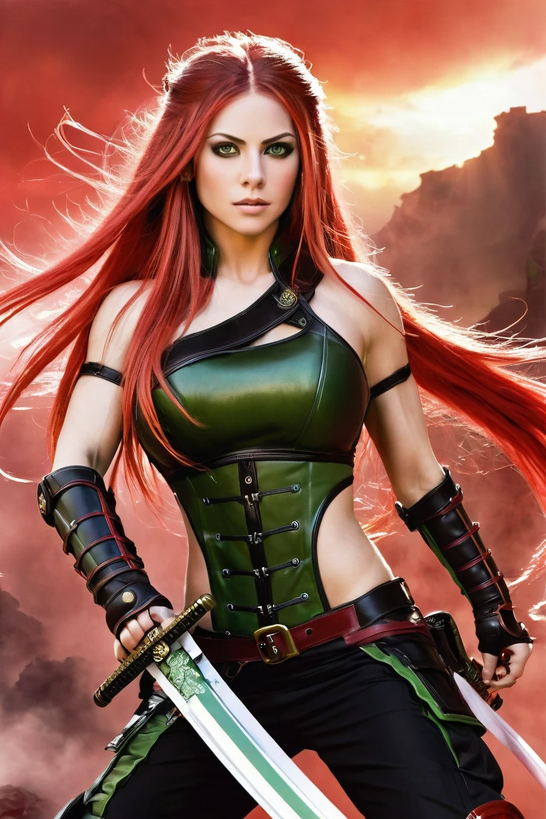 avril lavigne at 24 years old with green eyes, perky nose and sleek features as an imposing female warrior stands ready for battle against a backdrop of swirling crimson clouds. With long flowing hair and a muscular build and very voluptous curves, this figure exudes strength and determination. Dual katanas suggest mastery in swordsmanship, promising an epic tale of valor.