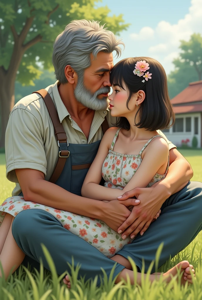Attractive Japanese teen girl petite wearing a floral sundress, 18 years old, cute, small , shoulder-length hair with whimsy bangs, hair ribbon, on a farm house with an attractive farmer white man in his 50's, muscles. Salt and pepper hair, mustache, beard, tall, buff, detailed and realistic, sitting on the grass cradling her on his lap kissing her forehead 