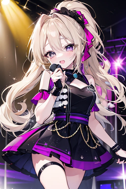 a beautiful pop idol singer on a glamorous live stage, holding a microphone, singing passionately, wearing a outfit with long eyelashes, a beautiful face, a ponytail, light-colored long hair, accessories, under the dazzling spotlight, with an excited cheering crowd