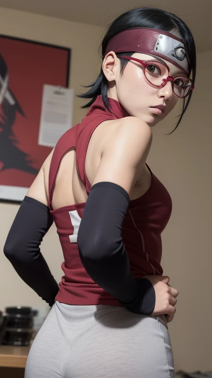 a beautiful young girl with short black hair, black eyes, and red glasses, 18 years old, with a clear complexion, a slim and curvy figure, wearing a shinobi outfit, shorts underneath, in the dining hall of the Shinobi Academy, 1girl, intricate details, beautifully detailed eyes, face and features, highly realistic, photorealistic, 8k, masterpiece, cinematic lighting, vibrant colors, soft focused background, detailed clothing, dynamic pose