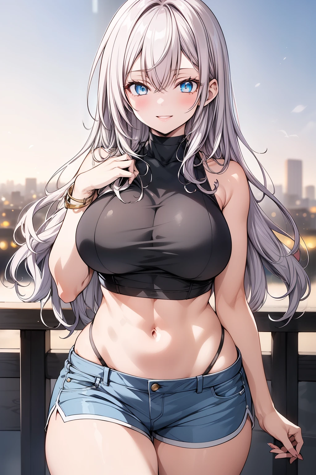 "(dawn:1.7), a captivating anime girl, Alisa Kujou, with (22 years:1.1), (beautiful character design:1.4). She has (long white hair:1.4) flowing elegantly and striking (blue eyes:1.5) that shine softly in the morning light. She is wearing a stylish, form-fitting outfit: a tight casual t-shirt paired with high-waisted shorts that sculpt her (slim thighs:1.2) and (narrow waist:1.3), highlighting her athletic and graceful figure.

Alisa stands confidently in the city, with one hand resting on her hip and the other lifted near her head in a playful, relaxed gesture. Her pose emphasizes her (elegant curves:1.2) and toned physique without exaggeration. She has a gentle smile on her lips, with a slight blush adding a hint of timidity, creating a charming and natural aura.

The background features a modern cityscape illuminated by the soft, golden light of dawn, with subtle (bokeh effects:1.2) to draw focus on her. The lighting is warm, adding depth to her silhouette, with a subtle (film grain:1.1) effect for texture. The scene is rendered in ultra-high definition, ensuring every detail is captured."