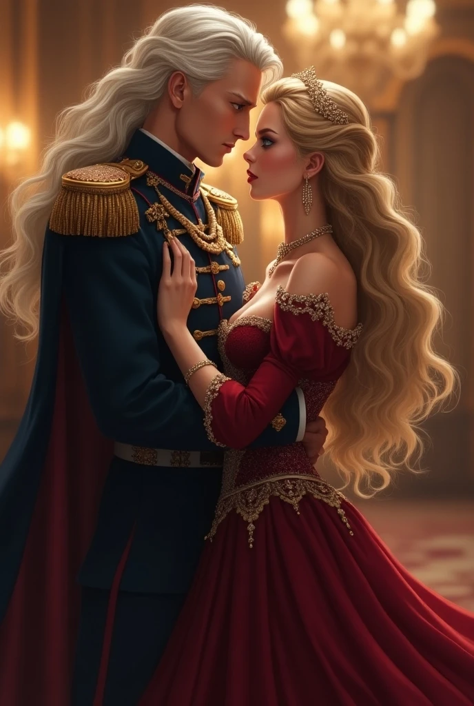 long hair blonde man soldier and blonde hair woman with red dress who are emotional and passionate couple