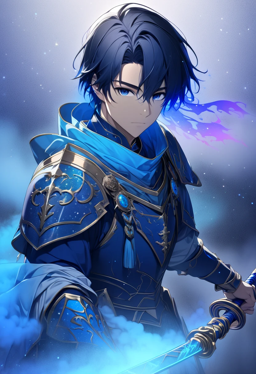 A young man in a knight costume based on blue･ dark haired man"Asuka" , A young man in a knight costume based on blue with a sacred whip in his hand , ((background:Mysterious fog  , blue, Neon Dust,  Shading Effects ,  gradient magic effect , Fog filter effect , Glitter Effect,  Graphic CG Digital Art )) ,