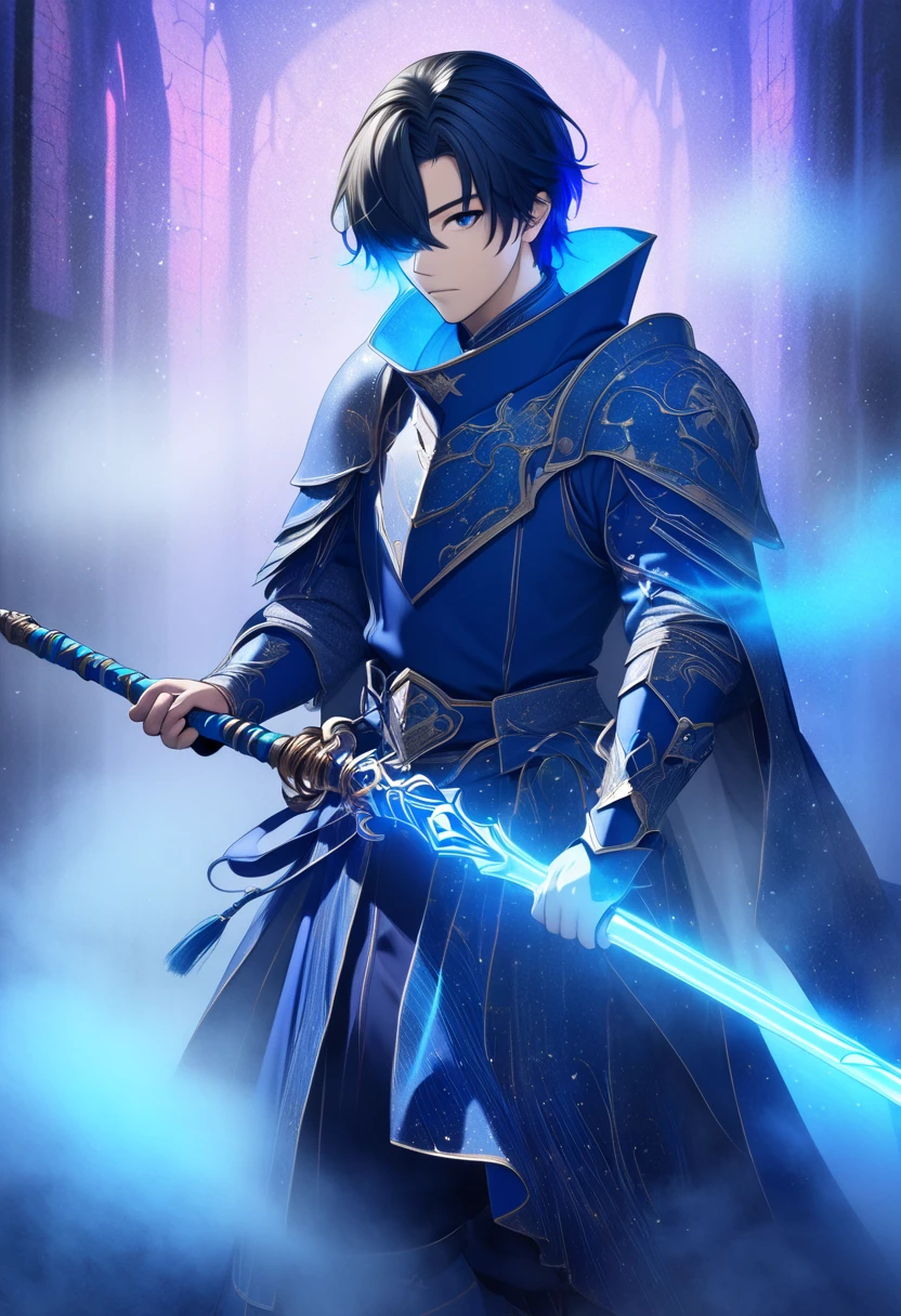 A young man in a knight costume based on blue･ dark haired man"Asuka" , A young man in a knight costume based on blue with a sacred whip in his hand , ((background:Mysterious fog  , blue, Neon Dust,  Shading Effects ,  gradient magic effect , Fog filter effect , Glitter Effect,  Graphic CG Digital Art )) ,