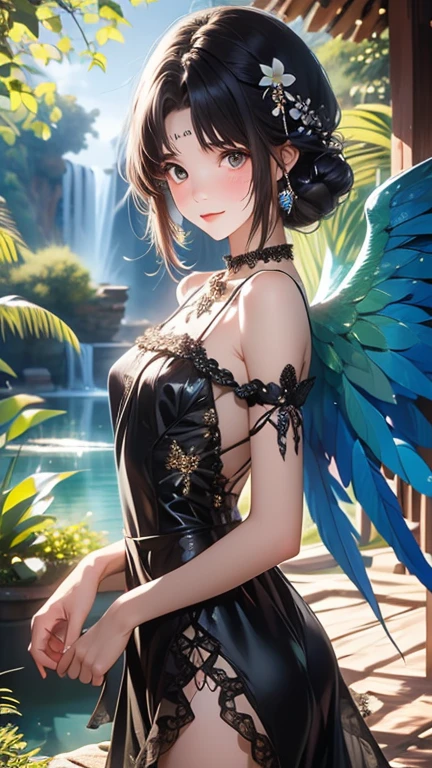 The image features a woman standing confidently against a serene, natural landscape with a waterfall and lush greenery in the background. She is dressed in an intricately designed black lace outfit, featuring floral patterns and bold cutouts, exuding both elegance and allure. Large, metallic wings with floral-inspired shapes are attached to her back, adding an ethereal, otherworldly touch to her presence. The model's pose is relaxed yet powerful, mirroring the tranquil yet dramatic atmosphere of the surroundings. The soft lighting highlights the delicate details of her outfit and wings, creating a harmonious blend of fashion and nature.