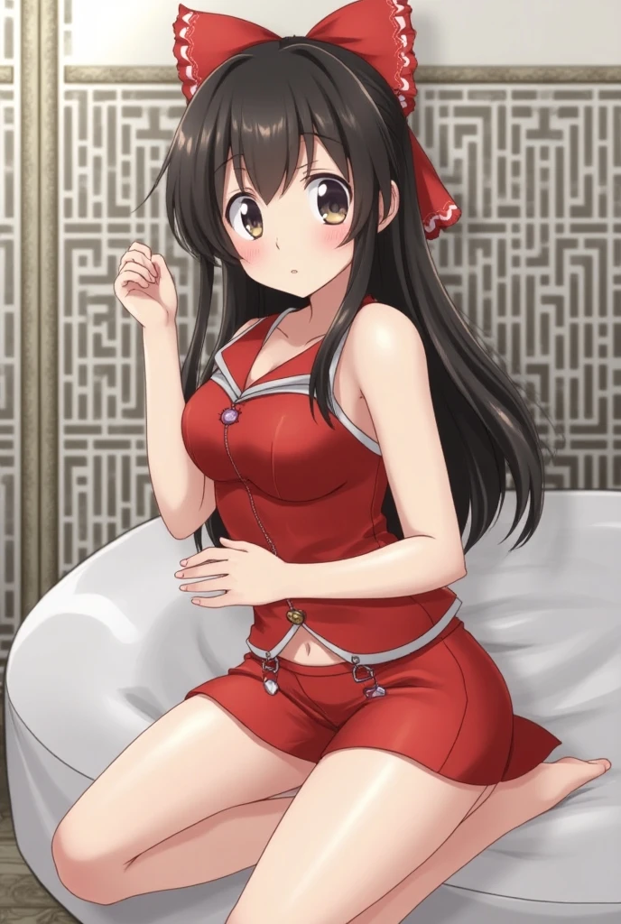 Draw Megumin from Konosuba with her legs open, lying on the floor, letting her dress reveal her panties, and her tunic unbuttoned, revealing a bit of her breasts.