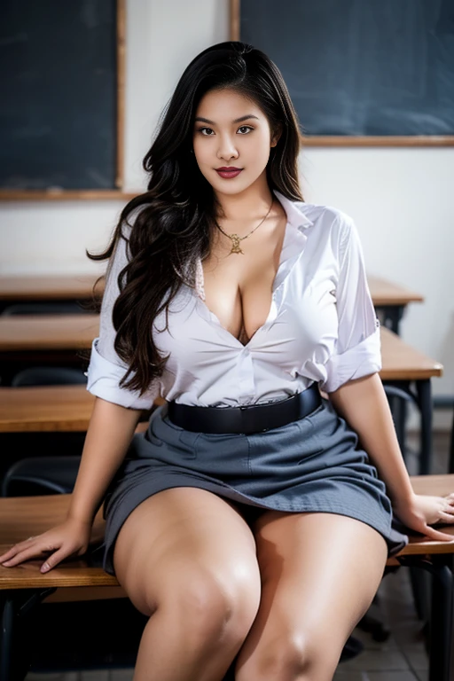 (very sexy girl), 37-year-old, (raw photo:1.2), (photorealistic:1.4), high resolution, very detailed, masterpiece, unified, 8k, wallpaper, Fine details, 
 best quality, light on face, 1 girl, ((gigantic breasts:1.4)), (underboob: 1.2),  (((saggy breasts))), (((business uniform, white blazer, very short skirt))), squatting, sexy pose, sexy look, full body, work shoes with heels, ((smile)), in classroom,