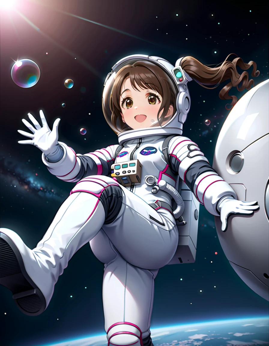 (spacesuit:1.15), white cargo pants, astronaut)bubble helmet, space helmet, white gloves , , looking close at you, outer space, floating, masterpiece, best quality, 1girl, beautiful,  image from below, solo, , Shimamura Uzuki, smmruzk, brown hair, wavy hair, one side up, hair bow, brown eyes, medium breasts, happy, difficulty breathing, waving, fullbody