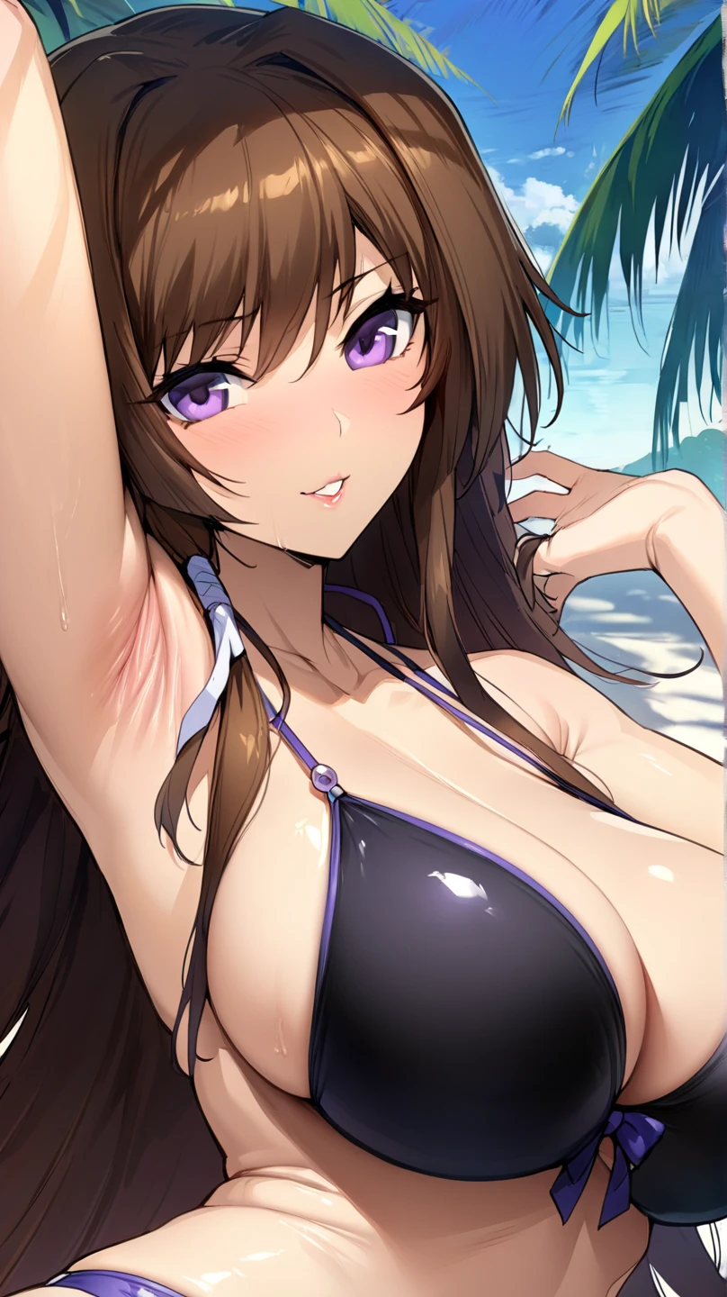 (masterpiece),(Highest quality),(Very detailed),(The best illustrations),(Best Shadow),(Absurd),(Detailed Background]),(Very aesthetic), One girl, alone, takamura yui, Brown Hair, Purple Eyes, Long Hair, Original Outfit, Upper Body, Seductive lips, Large Breasts, Captivating smile, Swimsuit, Spread your armpits, The background is blue sky,