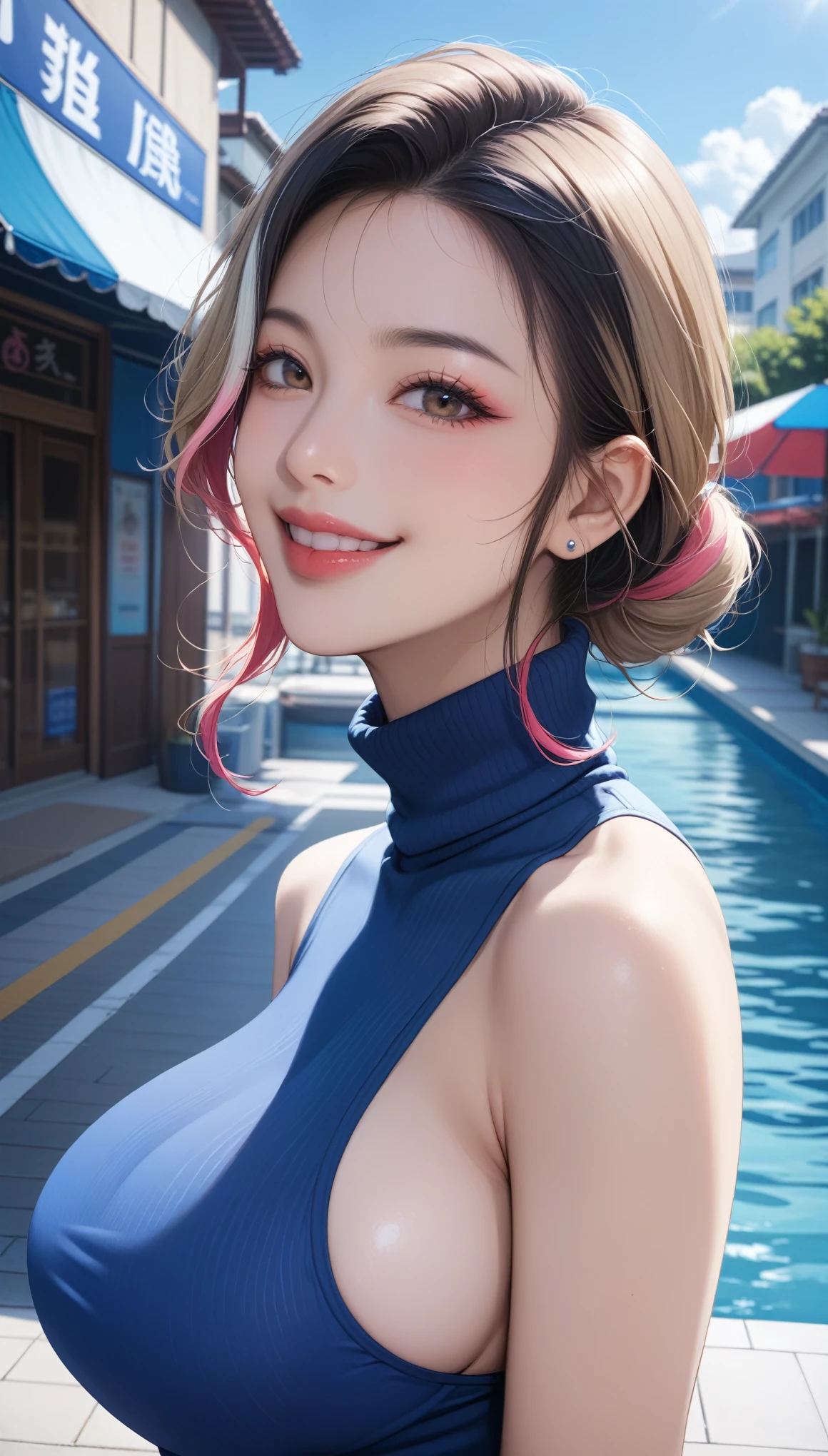 (8k,  ultra high resolution,  best quality, masterpiece:1.2)、 RAW Portrait of a Japanese Girl、 ultra high resolution、top-quality、 ( Busty ,:1.8)、｛Hide the chest:1.2｝｛Off-white shorts:1.5｝、( wear a blue sleeveless turtleneck:1.5)、( place your hands on your lower back:1.6)、(In the city:1.2) break ( natural skin texture、Detailed skin、 hyperrealism、Ultra Sharpness )、 intricate detail that puts the arm in the crotch、 depth of field、 sexy adult woman 、 long straight black hair、 firm buttocks、((​masterpiece、top-quality、 high detail))、( photorealistic:1.4)、solo、 close your mouth、Laughing happily、 Big Eye、Strong mid-range shot from a clear double eyelid 、 eyelash 、Long neck、Absolute territory、Clean collarbone、 perfect face、Thin lips、 small face、(  viewers staring at viewers 、 highlights in the eyes that float out of the costume 、Light brown eyes、 lip gloss)、(From the side:1.5)｛ head to foot 、Show your whole body:1.7｝