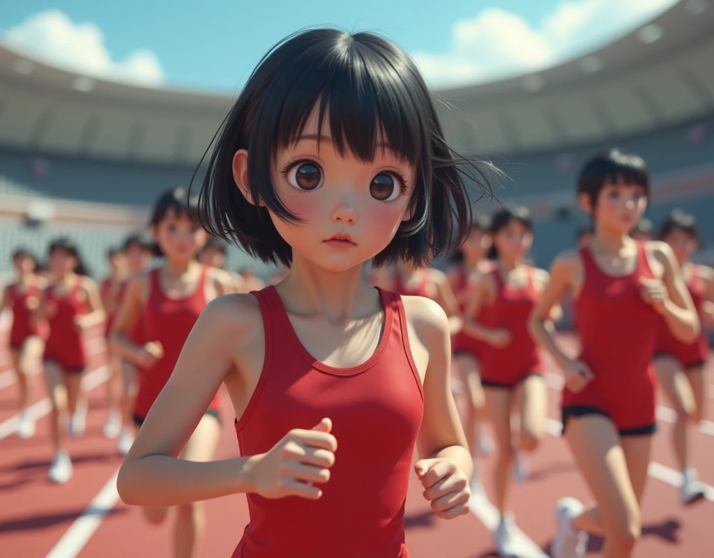 ((masterpiece, best quality)), (complex light), 1boy, full body, solo, child, brown hair, white shirt, black shorts, walking, (in the picture ratio 1:2), running track, play with a gas baloom, crossing the finish line, low angle shot, victory, joy, joy, perfect quality, clear focus, (Masterpiece: 1.2) (Realistic: 1.2) (Bokeh) (Best quality) (Detailed skin: 1.3) (Intricate details) (8K) (Detail eyes) (Sharp focus), (Happy)