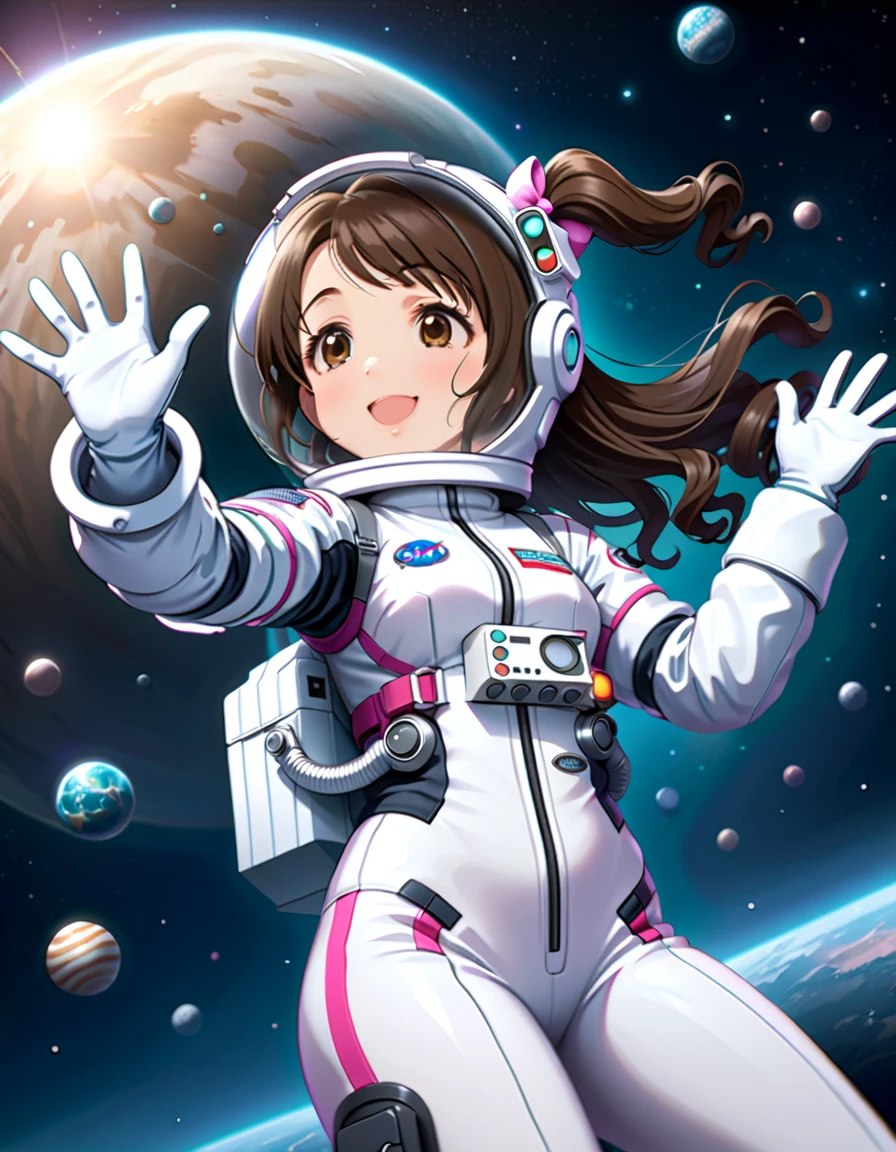 (spacesuit:1.15), white cargo pants, astronaut)bubble helmet, space helmet, white gloves , , looking close at you, outer space, floating, masterpiece, best quality, 1girl, beautiful,  image from below, solo, Shimamura Uzuki, smmruzk, brown hair, wavy hair, one side up, hair bow, brown eyes, medium breasts, happy, waving, fullbody