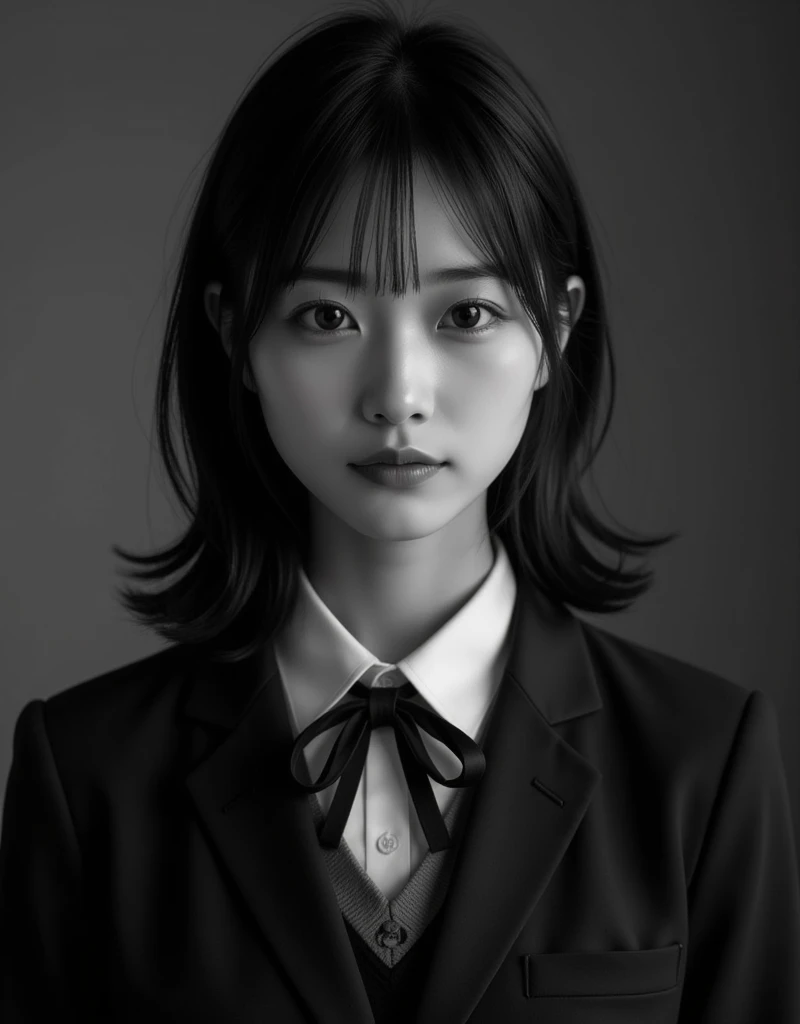 Retro black and white photo of a high school girl  :1.37, Realistic, Beautiful woman face,  looking straight at the camera :1.37, Realistic, 非常にRealisticな写真,   standing , perfect anatomy:1.21,  has a small head :1.21, Thin lips:1.5, Close your lips, Portrait of a Japanese Woman  :1.21,  Simple uniform of a famous high school in the city , blazer uniform,  blazer, 黒い blazer,  shirt :1.21, Loop Ribbon:1.21,  black pleated skirt:1.21,  black hair:1.21,  low ponytail hair:1.21, Long bangs,  Anatomically Correct Ratio  :1.331,  has a small head :1.331, Slender body:1.331,  thin waist:1.331, Thin limbs:1.331,  flat chest:1.331, Retro black and white photography :1.37, Silky Screen,  nostalgic photo black and white movie-like lighting , 