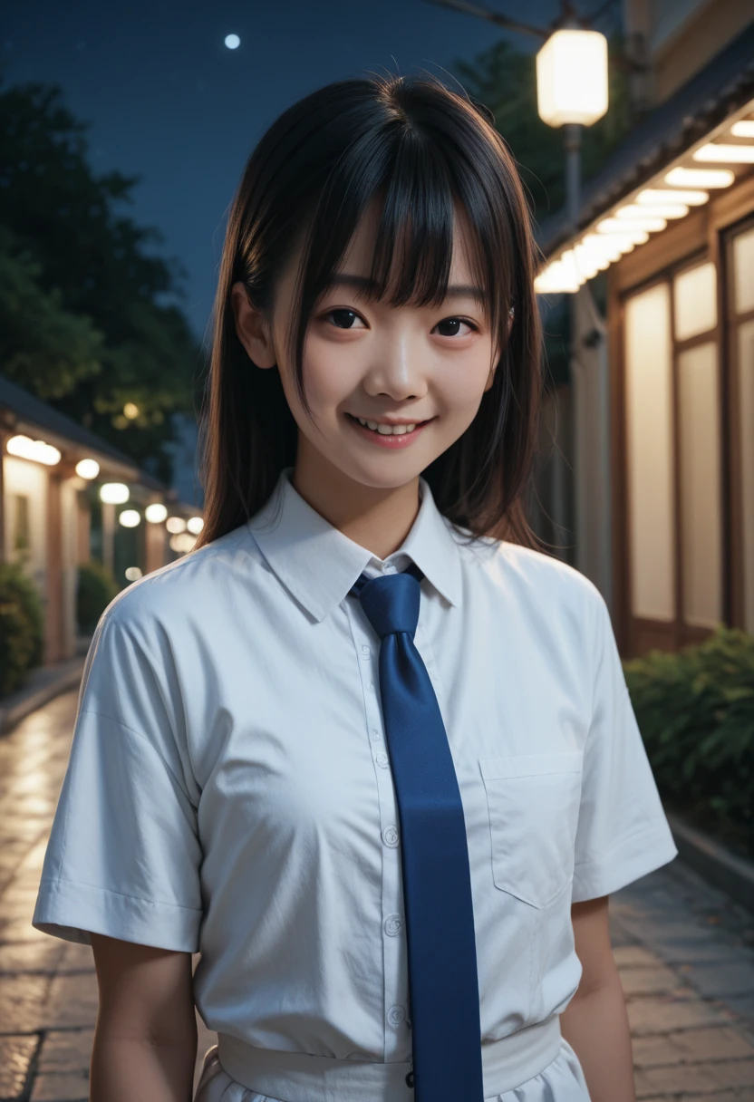 real human skin,very detailed,Asian,black hair,bangs,small breasts,white dress shirt,half sleeves,blue necktie,smile,outdoor,night,upper body