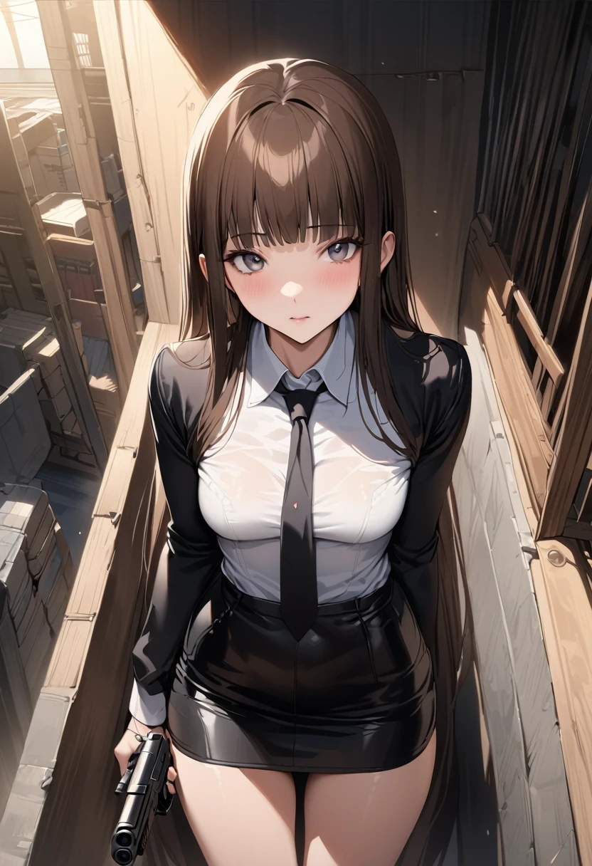 slim, (wide hips, thick thighs), scared, slender, looking at viewer, bound arms, arms behind back, ??????? shot, (dress shirt, tie, pencil skirt), in office building, (masterpiece), (best quality:1.2), absurdres, intricate details, (highly detailed skin:1.2),