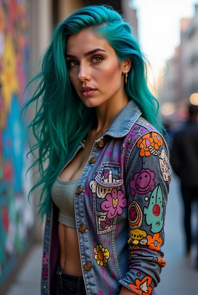 ((best quality)), ((Meisterwerk)), ((realistisch)) and ultra-detailed photography of a 1nerdy girl with goth and neon colors. Sie hat ((turquoise hair)), wears a techwear jacket and exudes a vibe ((beautiful and aesthetic)), sexy, Underboobs, hot, Zaubertrank-Fee, Elixiere der Verzauberung zusammenbrauen. Neon leuchtende Haare, echte Frau mit neon leuchtenden Haaren, echtes model, real, echtes photoshooting,