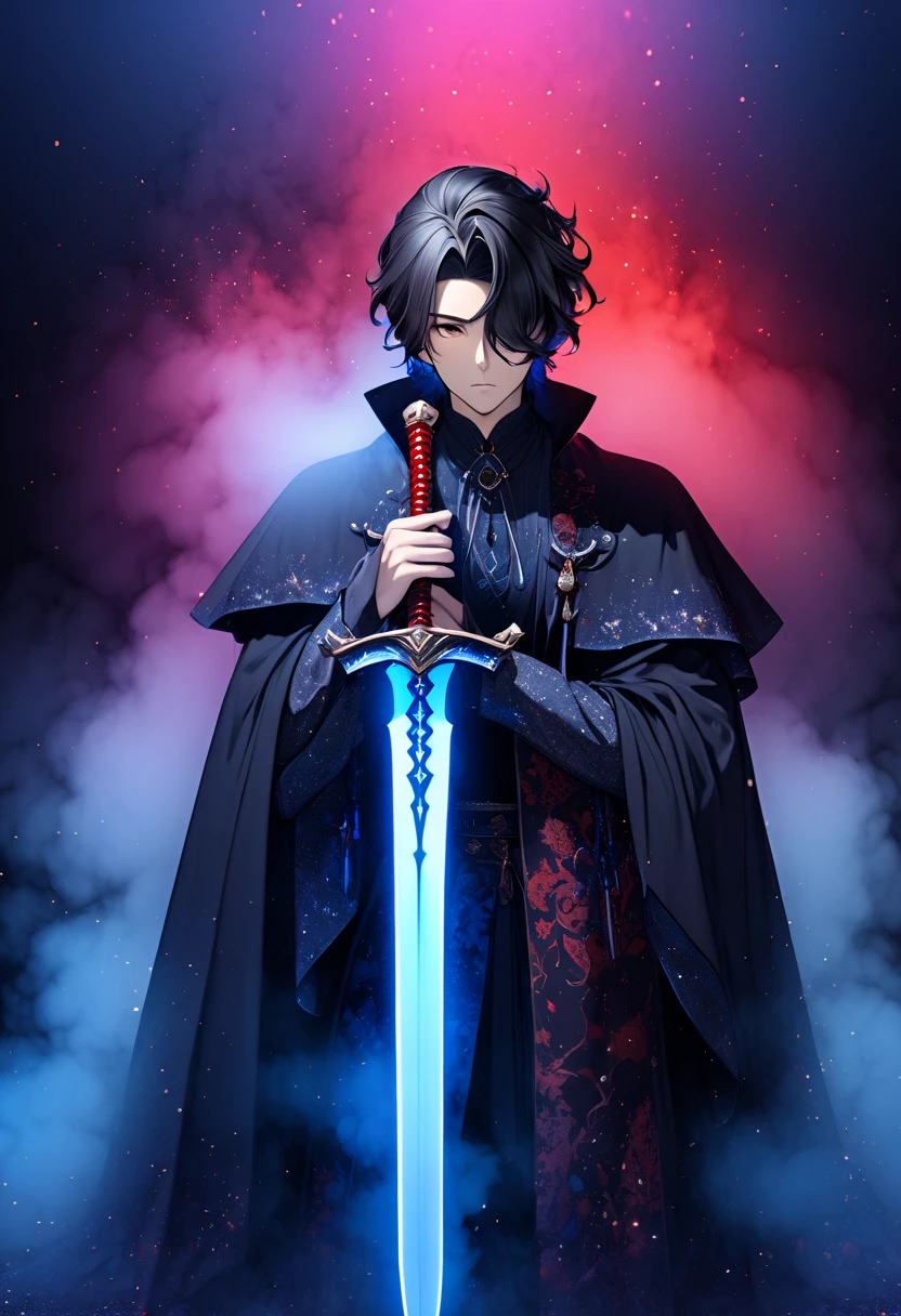 A young man in a Western aristocrat costume based on black ･ dark haired man"Kurusu " ,  wears a black cloak and holds a red devil sword, ((background:Mysterious fog  , blue, Neon Dust,  Shading Effects ,  gradient magic effect , Fog filter effect , Glitter Effect,  Graphic CG Digital Art )) ,