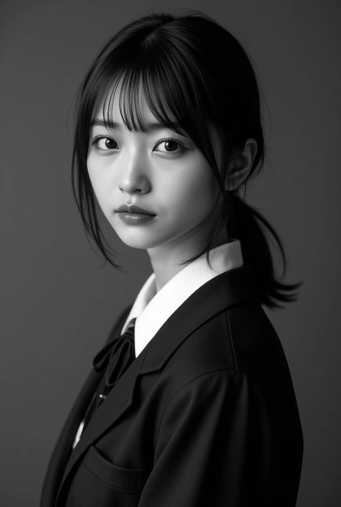 Retro black and white photo of a high school girl  :1.37, Realistic, Beautiful woman face,  looking straight at the camera :1.37, Realistic, 非常にRealisticな写真,   standing , perfect anatomy:1.21,  has a small head :1.21, Thin lips:1.5, Close your lips, Portrait of a Japanese Woman  :1.21,  Simple uniform of a famous high school in the city , blazer uniform,  blazer, 黒い blazer,  shirt :1.21, Loop Ribbon:1.21,  black pleated skirt:1.21,  black hair:1.21,  low ponytail hair:1.21, Long bangs,  Anatomically Correct Ratio  :1.331,  has a small head :1.331, Slender body:1.331,  thin waist:1.331, Thin limbs:1.331,  flat chest:1.331, Retro black and white photography :1.37, Silky Screen,  nostalgic photo black and white movie-like lighting , 