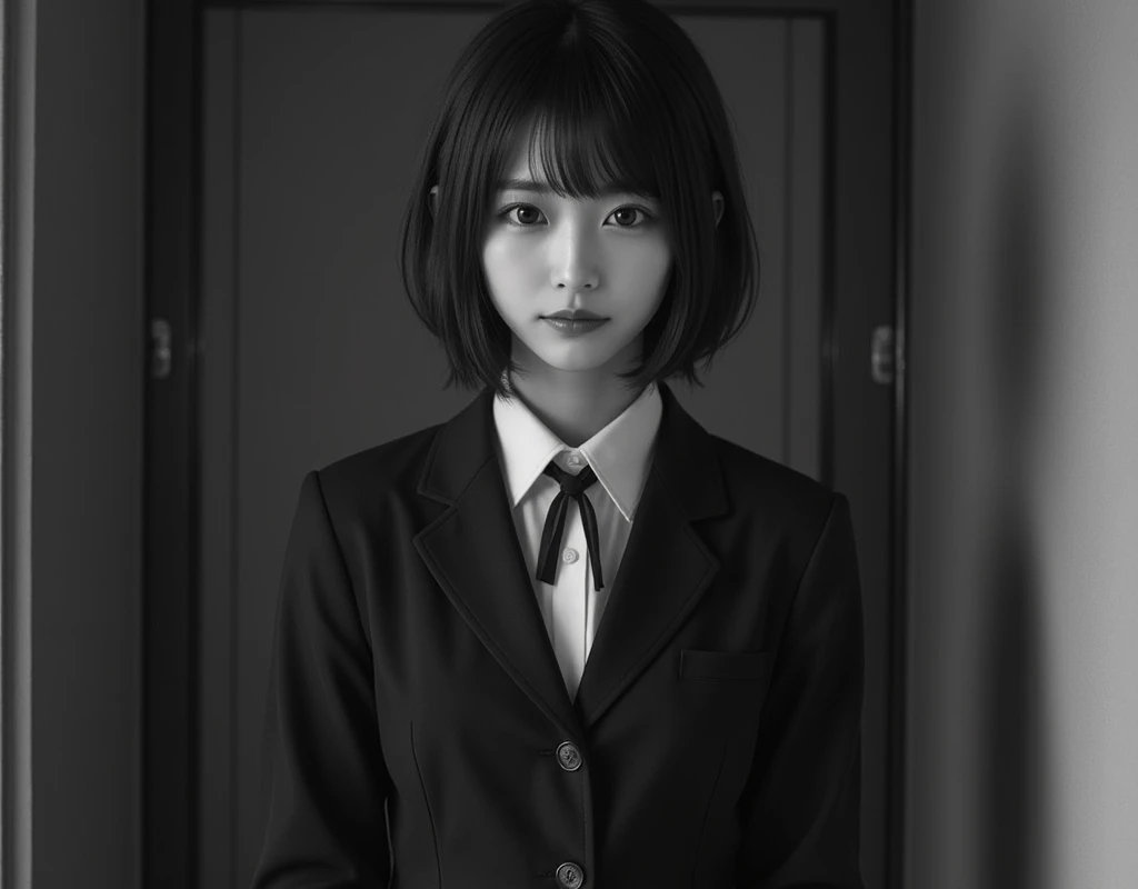 Retro black and white photo of a high school girl  :1.37, Realistic, Beautiful woman face,  looking straight at the camera :1.37, Realistic, 非常にRealisticな写真,   standing , perfect anatomy:1.21,  has a small head :1.21, Thin lips:1.5, Close your lips, Portrait of a Japanese Woman  :1.21,  Simple uniform of a famous high school in the city , blazer uniform,  blazer, 黒い blazer,  shirt :1.21, Loop Ribbon:1.21,  black pleated skirt:1.21,  black hair:1.21,  low ponytail hair:1.21, Long bangs,  Anatomically Correct Ratio  :1.331,  has a small head :1.331, Slender body:1.331,  thin waist:1.331, Thin limbs:1.331,  flat chest:1.331, Retro black and white photography :1.37, Silky Screen,  nostalgic photo black and white movie-like lighting , 