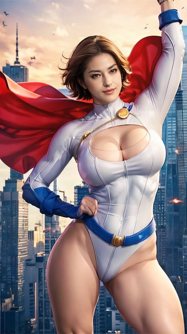 1 woman, Japanese actress Matsumoto Wakana , Power Girl,  DC Comics hero , 彼女は詳細なPower Girlのコスチュームを着ている, 詳細なDCコミックスのヒロインのPower Girlのコスチュームを細かな所まで完全に再現されたPower Girlの白を基調としたコスチューム, Anatomically correct ,  best quality, 4K, 8k,  high definition ,  artistic portrait , Ultra Detari, Realistic,  big and round breasts that stick out of the body, Hard erect nipples ,  tight waist with abs , Big round butt , Beautiful pussy, Light brown pubic hair,  beautiful body line with good balance ,  ultra-thin rubber costume made of special material that traces her completely naked body line, beautiful detailed eyes,  beautiful detailed lips , Extremely Elaborate Eyes and Faces ,Long eyelashes,Sexy,average:oil,  pubic skin, Flying over New York ,  hair that flutters like, She's smiling with a bright smile , Strong girl in the air ,  She's flying in the sky with her chest stretched out straight, Stunning curves,  bright color,  New York buildings looking down in the background, 白いPower Girlのコスチューム, Anatomically correct , 