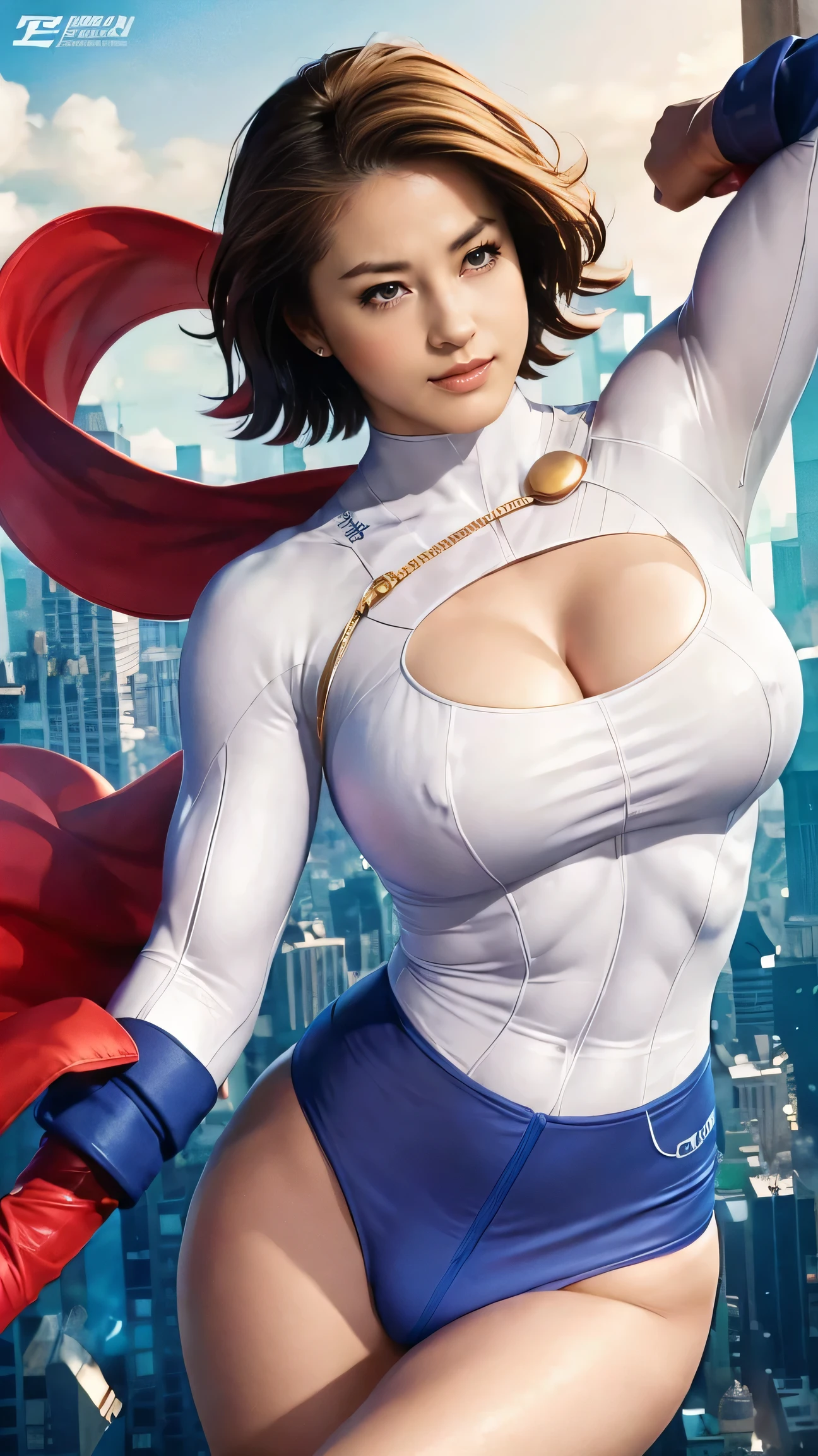 1 woman, Japanese actress Matsumoto Wakana , Power Girl,  DC Comics hero ,  SHE WEARS A DETAILED POWER GIRL COSTUME ,  A costume based on Power Girl that completely recreates the detailed DC Comics heroine Power Girl costume down to the smallest detail, Anatomically correct ,  best quality, 4K, 8k,  high definition ,  artistic portrait , Ultra Detari, Realistic,  big and round breasts that stick out of the body, Hard erect nipples ,  tight waist with abs , Big round butt , Beautiful pussy, Light brown pubic hair,  beautiful body line with good balance ,  ultra-thin rubber costume made of special material that traces her completely naked body line, beautiful detailed eyes,  beautiful detailed lips , Extremely Elaborate Eyes and Faces ,Long eyelashes,sexy,average:oil,  pubic skin, Flying over New York ,  hair that flutters like,  staring at the camera with a beautiful smile , Strong girl in the air ,  She's flying in the sky with her chest stretched out straight, Stunning curves,  bright color,  New York buildings looking down in the background, WHITE POWER GIRL COSTUME , Anatomically correct , 