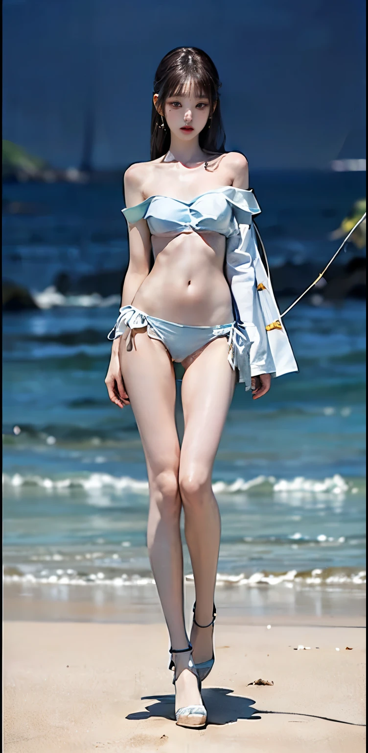 8K、sea the background of, Neat and clean, petite person, See-through transparent clothes, (slim, Small, Flat, Small), Bun hair, Photorealistic, detail, (Detailed skin texture:1.15), Ultra Detail, delicate sexy collarbone, Smile, Super Detailed Face, Detailed lips, Detailed eyes, 13 years old girl, Delicate eyebrows, Little baby face, Professional Photography, South Island Sea, full body