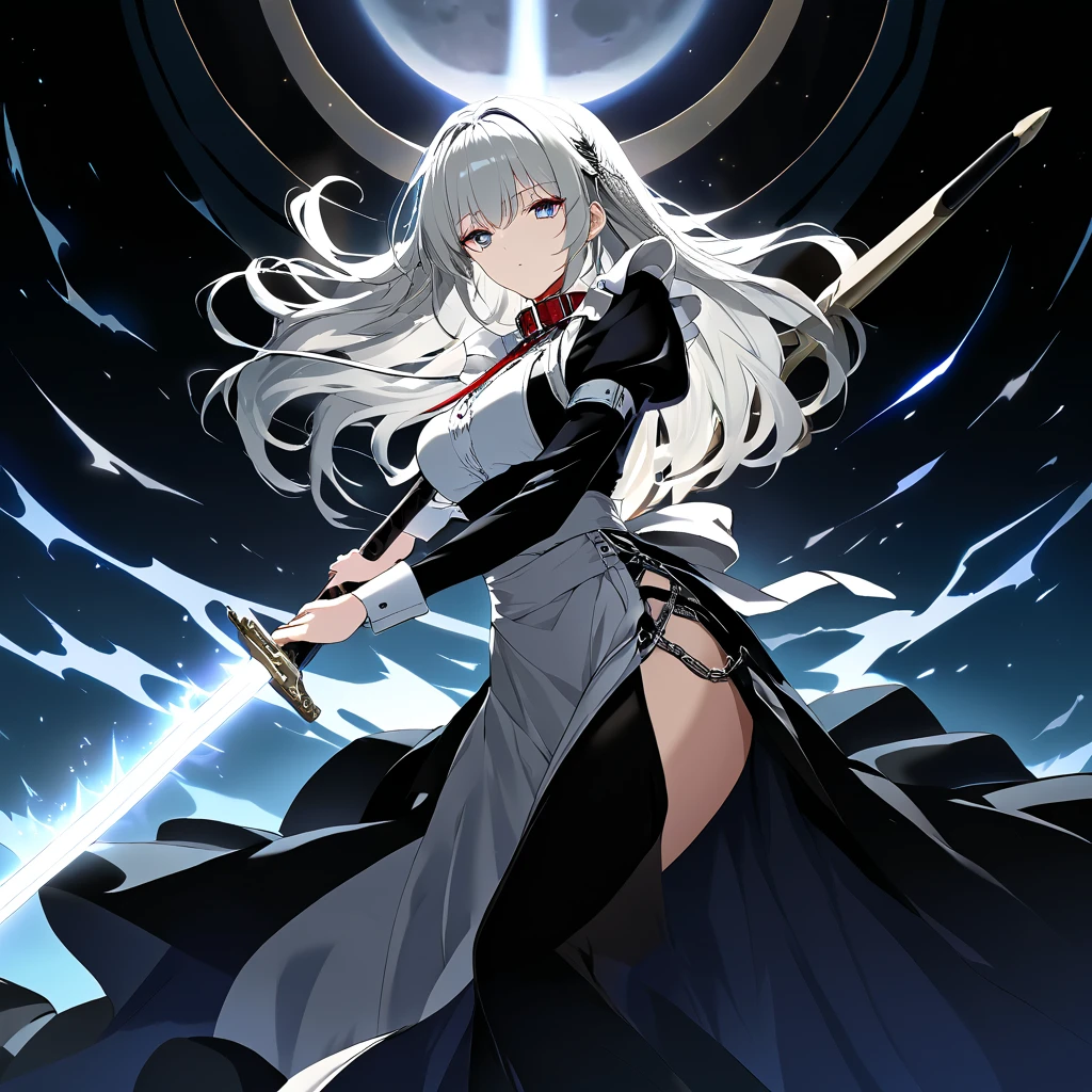 Masterpiece, Very detailed, Ultra-detailed, one tall beautiful maid woman. Masterpiece, Very detailed, Ultra-detailed, long lovely silver hair, beautiful eclipse eyes, well endowed. Wearing a collar and leash. wearing chains all over her body. long Victorian maid dress with a long slit in the side going down. Holding a great-sword. unsheathing sword. Dark-radiance emanating.   