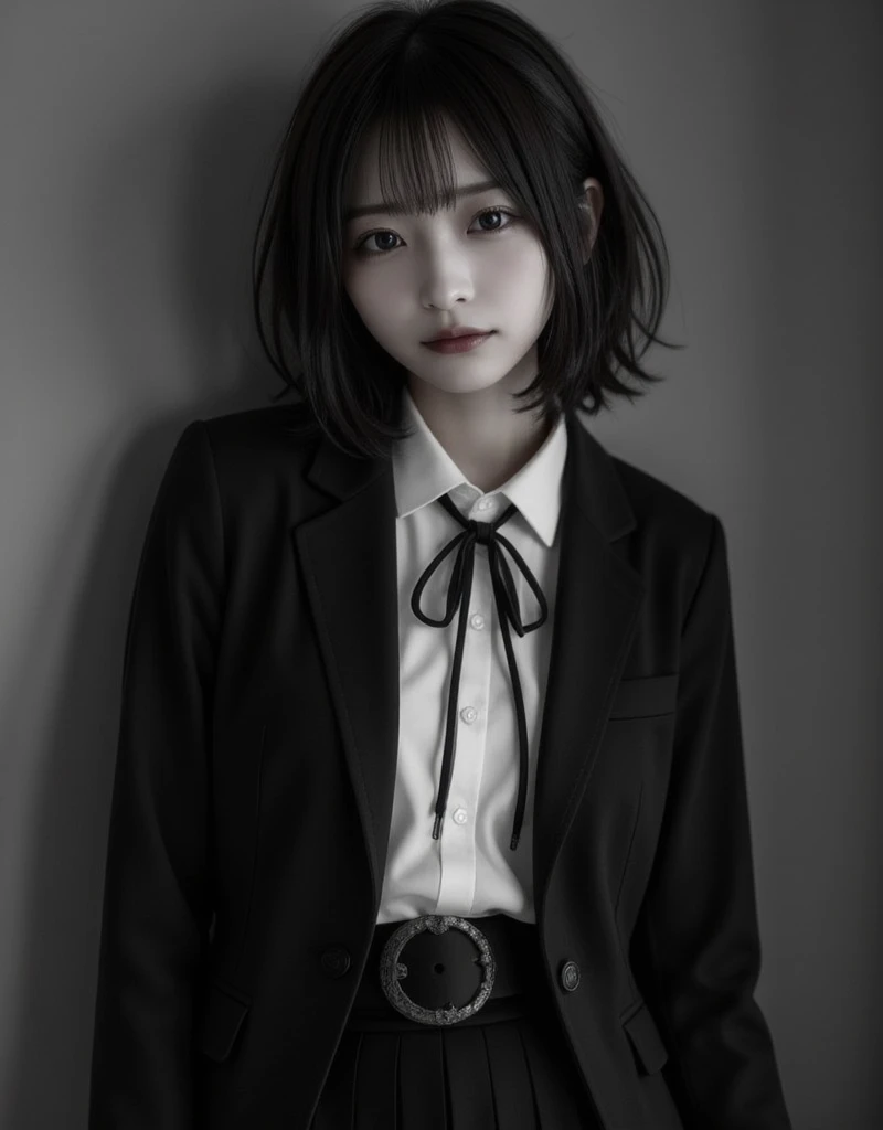 Retro black and white photo of a high school girl  :1.37, Realistic, Beautiful woman face,  looking straight at the camera :1.37, Realistic, 非常にRealisticな写真,   standing , perfect anatomy:1.21,  has a small head :1.21, Thin lips:1.5, Close your lips, Portrait of a Japanese Woman  :1.21,  Simple uniform of a famous high school in the city , blazer uniform,  blazer, 黒い blazer,  shirt :1.21, Loop Ribbon:1.21,  black pleated skirt:1.21,  black hair:1.21,  BOB CUT HAIR:1.21, Long bangs,  Anatomically Correct Ratio  :1.331,  has a small head :1.331, Slender body:1.331,  thin waist:1.331, Thin limbs:1.331,  flat chest:1.331, Retro black and white photography :1.37, Silky Screen,  nostalgic photo black and white movie-like lighting , 