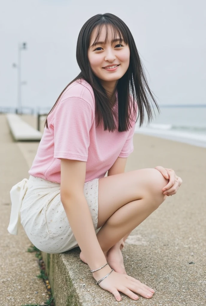  low angle shot 、 forward leaning position、 open shirt 、Underwear no clothes 、 skirts are flipped in strong winds、 one girl 、barefoot、 beach 、smile