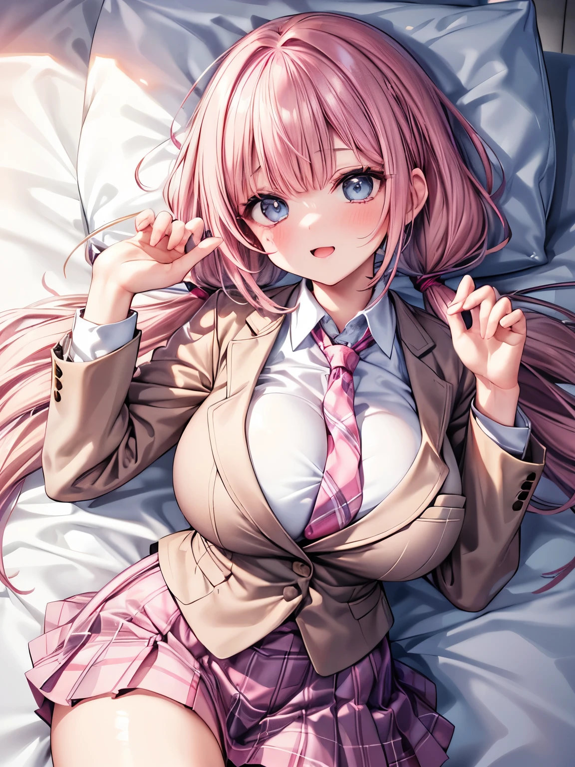 best quality, solo girl,(gigantic breasts),(Pink Hair,low twintails:1.3),(Big light blue eyes), very happy smile, blushes her cheeks, open your mouth wide,View Viewer,break,( classic school costume,Light Brown Blazer , white collared shirt, grey pleated skirt all over, red plaid tie,Formal Wear:1.3),(Lie on a big bed,lying, Angle from directly above:1.2), raising hands up