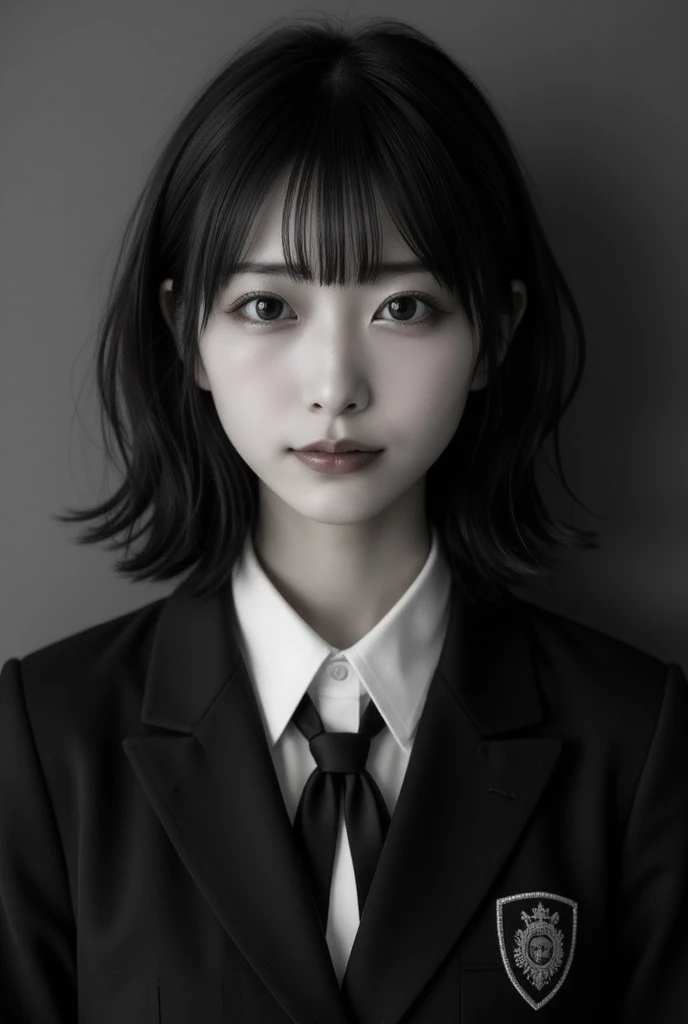 Retro black and white photo of a high school girl  :1.37, Realistic, Beautiful woman face,  looking straight at the camera :1.37, Realistic, 非常にRealisticな写真,   standing , perfect anatomy:1.21,  has a small head :1.21, Thin lips:1.5, Close your lips, Portrait of a Japanese Woman  :1.21,  Simple uniform of a famous high school in the city , blazer uniform,  blazer, 黒い blazer,  shirt :1.21, Loop Ribbon:1.21,  black pleated skirt:1.21,  black hair:1.21,  BOB CUT HAIR:1.21, Long bangs,  Anatomically Correct Ratio  :1.331,  has a small head :1.331, Slender body:1.331,  thin waist:1.331, Thin limbs:1.331,  flat chest:1.331, Retro black and white photography :1.37, Silky Screen,  nostalgic photo black and white movie-like lighting , 