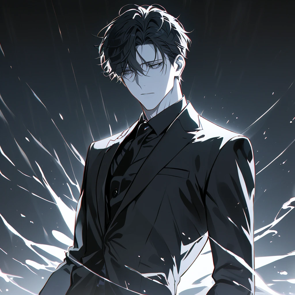 Dough, short hair, masterpiece, best quality, 1 man, black hair, perfect face, grey eye, handsome male, alone, pale skin, adult male, upper body, delicate line drawing, Extremely detailed, black suit, CEO, slender figure, cold expression, Cinematic Lighting.