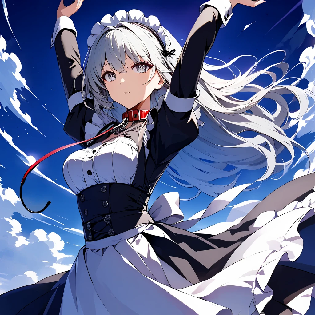 Masterpiece, Very detailed, Ultra-detailed, one tall beautiful maid woman. Masterpiece, Very detailed, Ultra-detailed, long lovely silver hair, beautiful eclipse eyes, well endowed. Wearing a collar and leash. wearing chains all over her body. long Victorian maid dress with a long slit in the side going down. raising her hands, praising the sky. Dark-radiance emanating.   