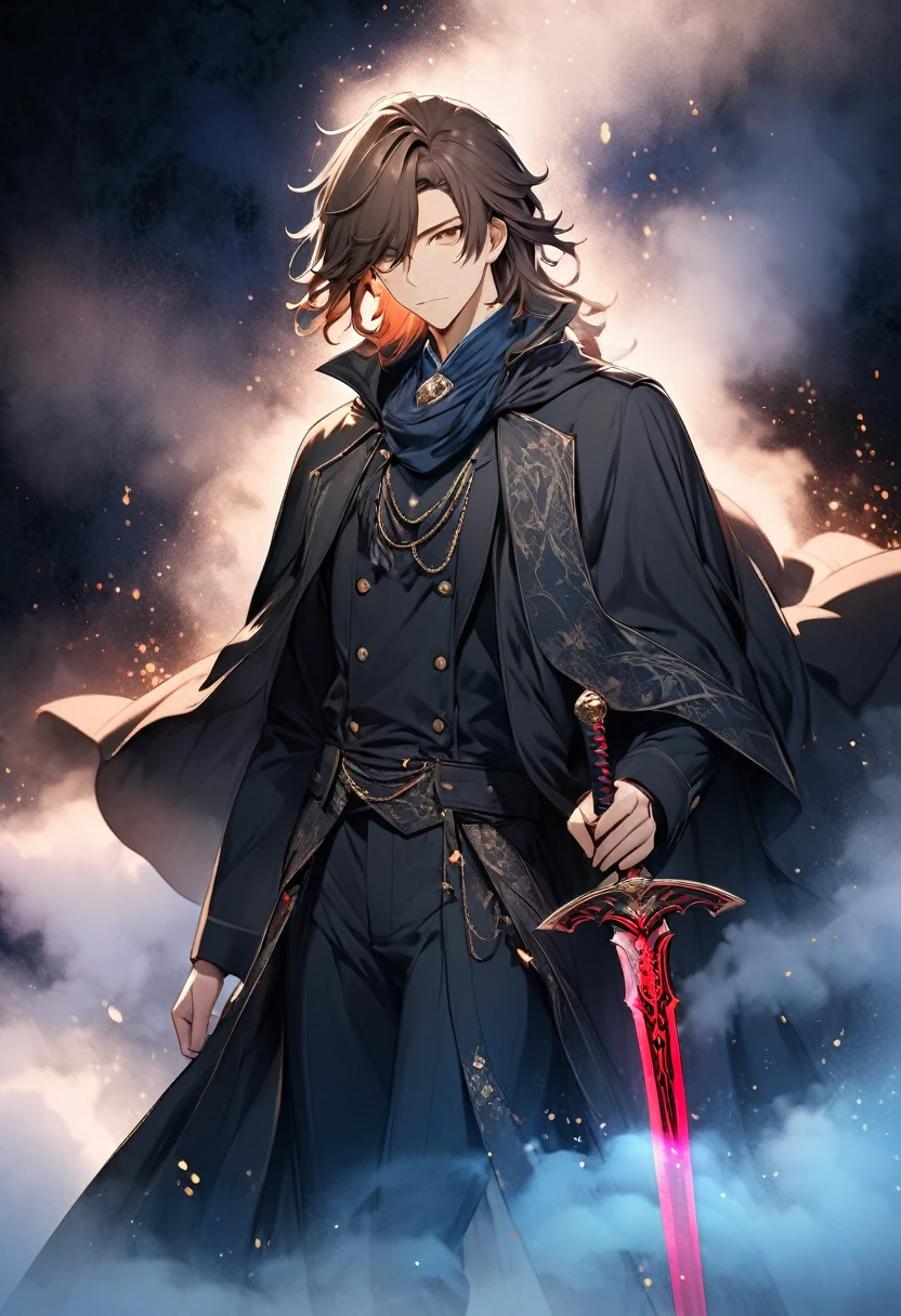 A young man in a Western aristocrat costume based on black ･A man with brown wild medium hair "Kurusu " ,  wears a black cloak and holds a red magic sword, ((background:Mysterious fog  , blue, Neon Dust,  Shading Effects ,  gradient magic effect , Fog filter effect , Glitter Effect,  Graphic CG Digital Art )) ,