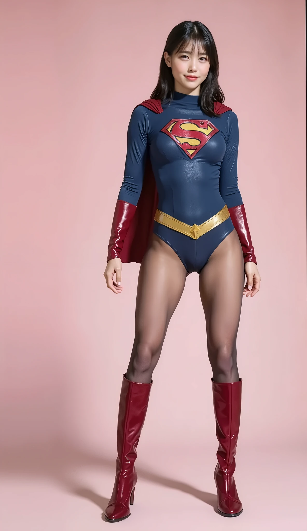 No background、(((Beautiful legs in black tights.)))、(((Legally express the beauty of your smile)))、((((Make the most of your original images)))、(((Supergirl Costume)))、(((Beautiful short bob hair)))、(((suffering)))、(((Please wear black tights....、Wear red boots)))、((Best image quality、8k))、((Highest quality、8k、masterpiece:1.3))、(((Preserve background )))、Sharp focus:1.2、Beautiful woman with perfect figure:1.4、Slim Abs:1.2、Wet body:1.5、Highly detailed face and skin texture、8k